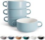 Soup Crocks, Ceramic Bowls, Broil, Oven, Microwave and Dishwasher Safe, with Handles, For Casserole, Pasta, Cereal, 18 oz, Set of 4 (Pale Blue)