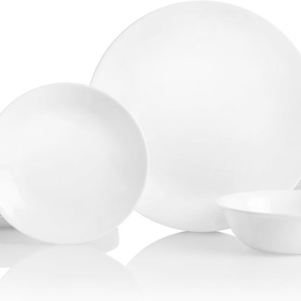 18-Piece Service for 6 Dinnerware Set, Triple Layer Glass and Chip Resistant, Lightweight Round Plates and Bowls Set, Winter Frost White