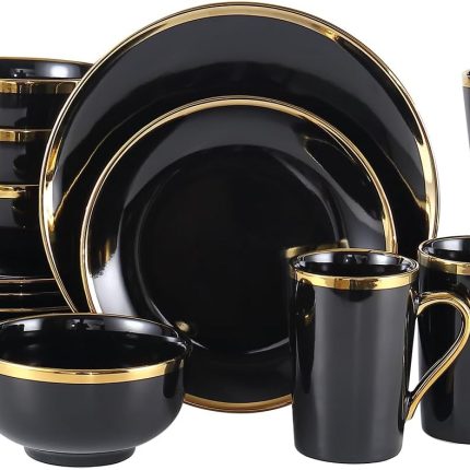 Modern Porcelain 16 Piece Black and Gold Dinnerware Set, Plates and Bowls Set,Dish set for 4, Black and Golden Rim.
