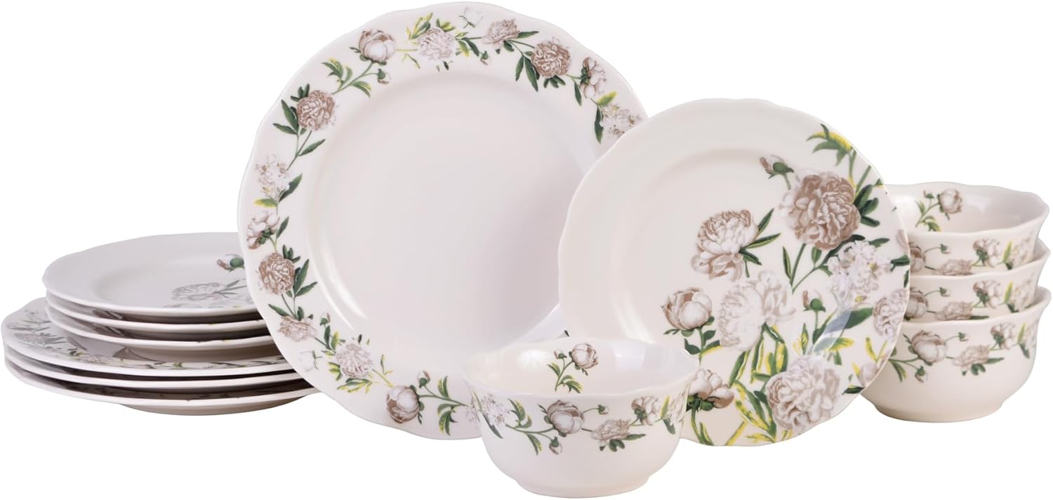 61oH6YZa8jL._AC_SL1500_.jpg Neutral Porcelain 12-Piece Dinnerware Set – Service for 4, Includes Dinner Plates, Salad Plates & Cereal Bowls, Glossy Finish, Dishwasher Safe, for Daily Dining & Entertainment - Image 1