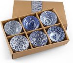 Ceramic Rice Bowls 10 oz,  Bowl Gift Set, Assorted Dinnerware Serving Bowls for Cereal, Soup, Dessert, Snack, Fruit, Salsa, Pack of 6 (Blue and White)