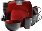 Square Reactive Glaze Dinnerware Set, Red, Service for 4 (16pcs)
