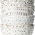 Cereal bowls 26 oz, Ceramic Soup Bowl for Kitchen, Embossment Stoneware Bowl for Pho, Chip, Fruits, Salad, Noodle, Ramen, Suit For Housewarming - 6 Inch, Set of 4, Arctic white