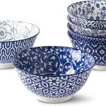 Blue and White Porcelain 20oz Cereal Bowl Set - Set of 6, 6 inch Soup Bowls, Ceramic bowls for Cereal, Soup, Salad and Pasta, Vintage Blue