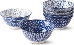 Blue and White Porcelain 20oz Cereal Bowl Set - Set of 6, 6 inch Soup Bowls, Ceramic bowls for Cereal, Soup, Salad and Pasta, Vintage Blue