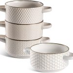 Ceramic Soup Bowls Set - 27 Oz French Onion Soup Crocks with Handles - Embossed Stoneware Bowls for Soup Cereal Beef Stew Chili - Microwave Dishwasher Oven Safe - Set of 4