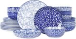 Ceramic Dinnerware Sets for 6, 24 Piece Plates and Bowls Sets, Highly Chip and Crack Resistant Dishes Set-Dishwasher & Microwave & Oven Safe, Vintage Blue