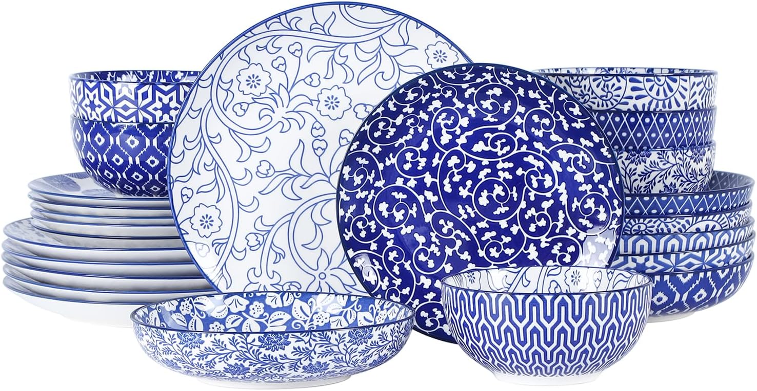 71KJbPe8f8L._AC_SL1500_.jpg Ceramic Dinnerware Sets for 6, 24 Piece Plates and Bowls Sets, Highly Chip and Crack Resistant Dishes Set-Dishwasher & Microwave & Oven Safe, Vintage Blue - Image 1