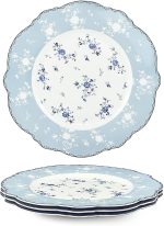 10 Inch Porcelain Dinner Plates Set of 4, Lace Dishes Set for Salad, Pasta, Soup, Dessert, Blue Roses