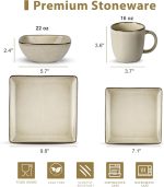 16 Piece Square Dinnerware Set for 4, Stoneware Plates and Bowls Dish Set, Includes Dinner Salad Plates, Cereal Bowls, Mugs, Microwave & Dishwasher Safe, Sandy Beige - Image 2