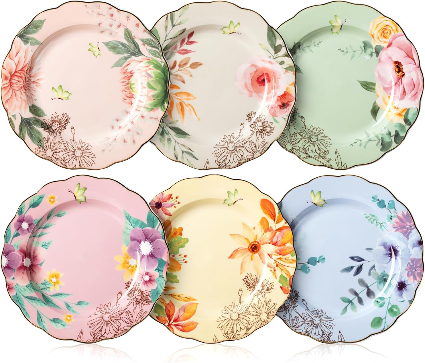 71awTiqTrWL._AC_SL1500_.jpg Porcelain Floral Plates, 8 inch, Set of 6, Royal Dessert Plates, Appetizer Plates, Floral Plates, Salad Plates, Small Plates, Small Plates Set, Small Dishes, Dinnerware - Image 1