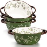 4 Pack Ceramic Soup Bowls, 22 Ounces Porcelain Serving Bowl Set with Double Handle, Large Ceramic Crocks for French Onion Soup, Stew, Pasta, Cereal, Pot Pies (Green)