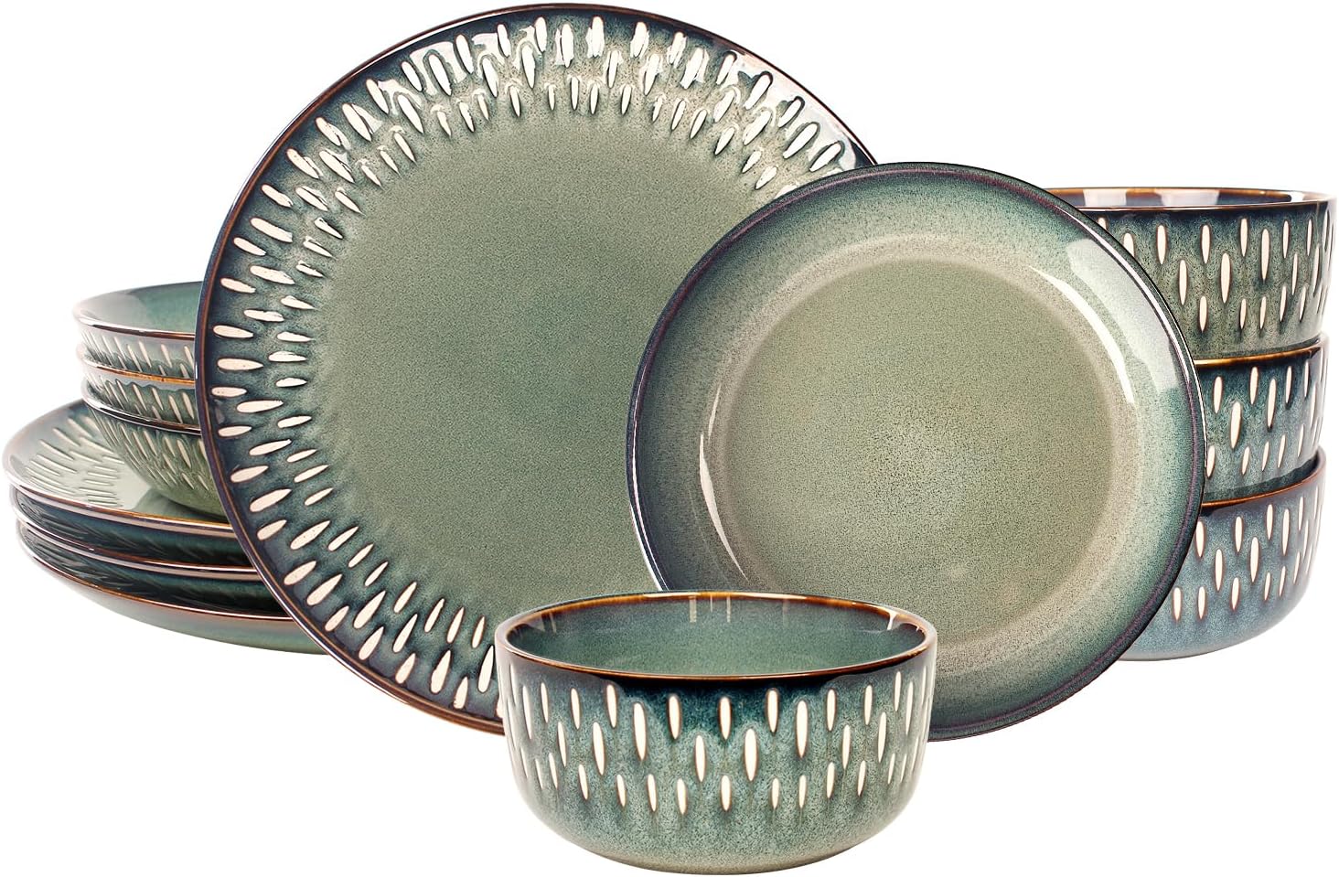 71hLFFQuWbL._AC_SL1500_.jpg Dinnerware Sets 12 Pieces - Round Reactive Glaze Tableware - Kitchen Dinnerware Porcelain Crockery with Dinner Plate, Bowl and Soup Plate Service for 4, Microwave Dishwasher Safe, Set No.6 - Image 1