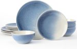 Stoneware Dinnerware Sets, Plates and Bowls Sets, 12 Pieces Kitchen Dishes Set for 4 - Dishwasher and Microwave Safe, Chip and Scratch Resistant, Azure Blue