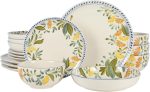 Double Bowl Hand Painted Stoneware Plates and Bowls Floral Dinnerware Set, Service for Four (16pcs)