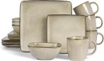 16 Piece Square Dinnerware Set for 4, Stoneware Plates and Bowls Dish Set, Includes Dinner Salad Plates, Cereal Bowls, Mugs, Microwave & Dishwasher Safe, Sandy Beige