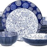 Dinnerware Sets 16 Piece, Ceramic Plates and Bowls Set, Embossed Dishes Set for 4, Housewarming, Blue