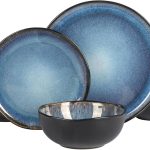 12 Piece (Service for 4) Plates and Bowls Reactive Glaze Dishes Stoneware Ceramic Dinnerware Set - Black and Blue