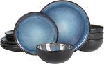 12 Piece (Service for 4) Plates and Bowls Reactive Glaze Dishes Stoneware Ceramic Dinnerware Set - Black and Blue