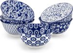 24 oz Cereal Bowls set of 6, Ceramic Soup Bowls for Kitchen, Dishwasher & Microwave Oven Safe- for Cereal, Soup, Pasta, Salad, Blue & White Floral Design Bowl Set
