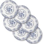 Dinner Plates, Ceramic Plates Set of 6, Kitchen Plates Microwave Safe, White Plate Dessert Blue Floral Plate Porcelain (Blue Rose, 10.5 inch)