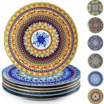 Dinner Plates Set of 6, 10.5 Inch Ceramic Plates, Microwave, Oven and Dishwasher Safe, Colorful Bohemian Style Dishes for Kitchen