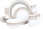 16-Piece Porcelain Kitchen Dinnerware with Mug, Service for 4, Grey Fish Scale Pattern Plates, Bowls, Brown Dinner Set