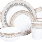 16-Piece Porcelain Kitchen Dinnerware with Mug, Service for 4, Grey Fish Scale Pattern Plates, Bowls, Brown Dinner Set