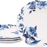 Watercolor Blue Flower Scalloped Dinner Plates, Ceramic, 11 inch, Set of 4, for Pasta, Salad, Maincourse, Microwave & Dishwasher Safe