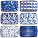 Ceramic 8 inch Rectangular Salad Plates, Dinner Plates, Pasta Dessert Plates for Appetizer, Sushi, Fruit - Microwave/oven/Dishwasher Safe, Set of 6, Vintage Blue