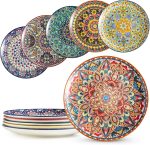 Dinner Plates set of 6, 10.5 Inch Large Dessert Salad Plates for Pasta, Steak, Snacks, Colorful Porcelain Serving Dishes for Kitchen & Party, Morden Dinnerware - Bohemian Style