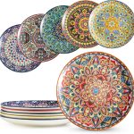 Dinner Plates set of 6, 10.5 Inch Large Dessert Salad Plates for Pasta, Steak, Snacks, Colorful Porcelain Serving Dishes for Kitchen & Party, Morden Dinnerware - Bohemian Style