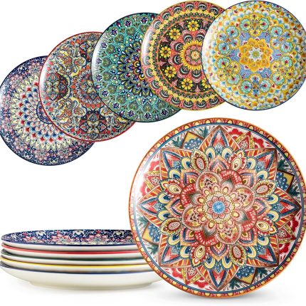 Dinner Plates set of 6, 10.5 Inch Large Dessert Salad Plates for Pasta, Steak, Snacks, Colorful Porcelain Serving Dishes for Kitchen & Party, Morden Dinnerware - Bohemian Style