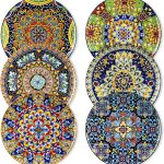 Dinner Plates Set of 6-10.5 Inch Ceramic Plates, Microwave, Oven and Dishwasher Safe, Colorful Bohemian Style Dishes for Kitchen