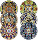 Dinner Plates Set of 6-10.5 Inch Ceramic Plates, Microwave, Oven and Dishwasher Safe, Colorful Bohemian Style Dishes for Kitchen