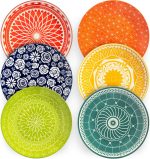 Dinner Plates - Mismatched Colorful Dinnerware Set of 6 - Fun Decorative Cute Boho Kitchen Dishes - Zero Lead & Cadmium - 10.5 Inch Diameter
